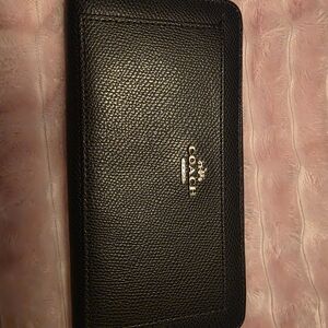 Coach Black Pebbled Leather Zip Wallet with Gold Logo Plaque